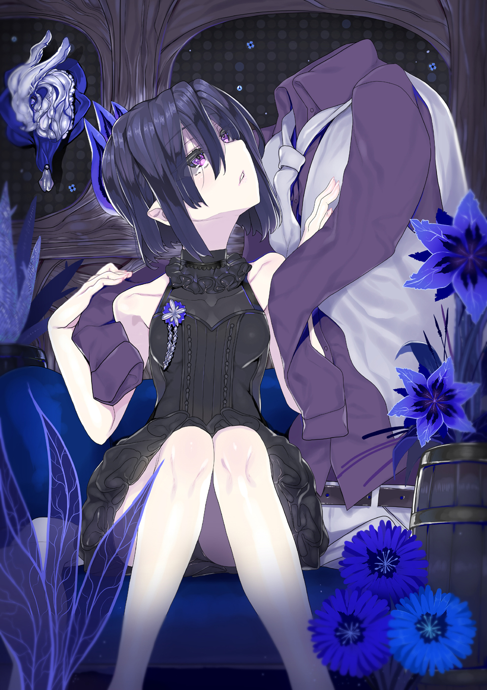 1girl bare_shoulders barrel black_dress black_hair blue_flower breasts char collarbone commentary_request covered_collarbone dress dress_shirt flower grey_neckwear hair_between_eyes highres invisible_man knees_together_feet_apart long_sleeves looking_at_another looking_to_the_side original parted_lips purple_eyes purple_shirt revision shirt short_hair sitting sleeveless sleeveless_dress small_breasts vest white_vest