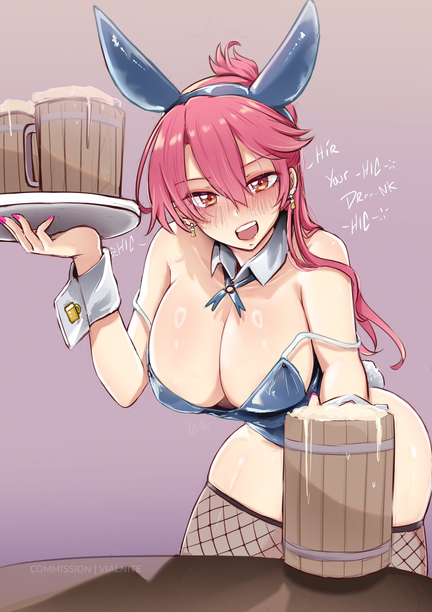 1girl alcohol animal_ears barmaid beer beer_mug blue_leotard breasts cleavage commentary cup detached_collar eiyuu_densetsu english_commentary fake_animal_ears fishnet_thighhighs fishnets foam highres holding holding_cup holding_plate large_breasts leotard long_hair mug pink_hair plate playboy_bunny ponytail rabbit_ears rabbit_tail sara_valestein sen_no_kiseki_(series) sen_no_kiseki_i solo tail thighhighs vialnite wrist_cuffs yellow_eyes