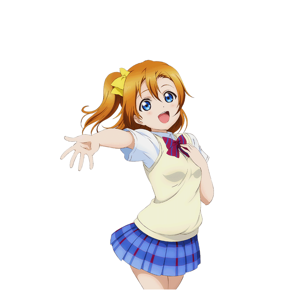 1girl blue_eyes blue_skirt blush bow bowtie brown_hair brown_sweater_vest collared_shirt cowboy_shot diagonal-striped_bow diagonal-striped_bowtie diagonal-striped_clothes hair_bow hand_on_own_chest kosaka_honoka looking_at_viewer love_live! love_live!_school_idol_festival love_live!_school_idol_project miniskirt official_art one_side_up open_hand open_mouth orange_hair otonokizaka_school_uniform outstretched_arm outstretched_hand palms plaid_clothes plaid_skirt pleated_skirt reaching reaching_towards_viewer red_bow red_bowtie school_uniform shirt short_sleeves skirt smile solo spread_fingers striped_clothes summer_uniform sweater_vest teeth transparent_background upper_teeth_only white_shirt yellow_bow