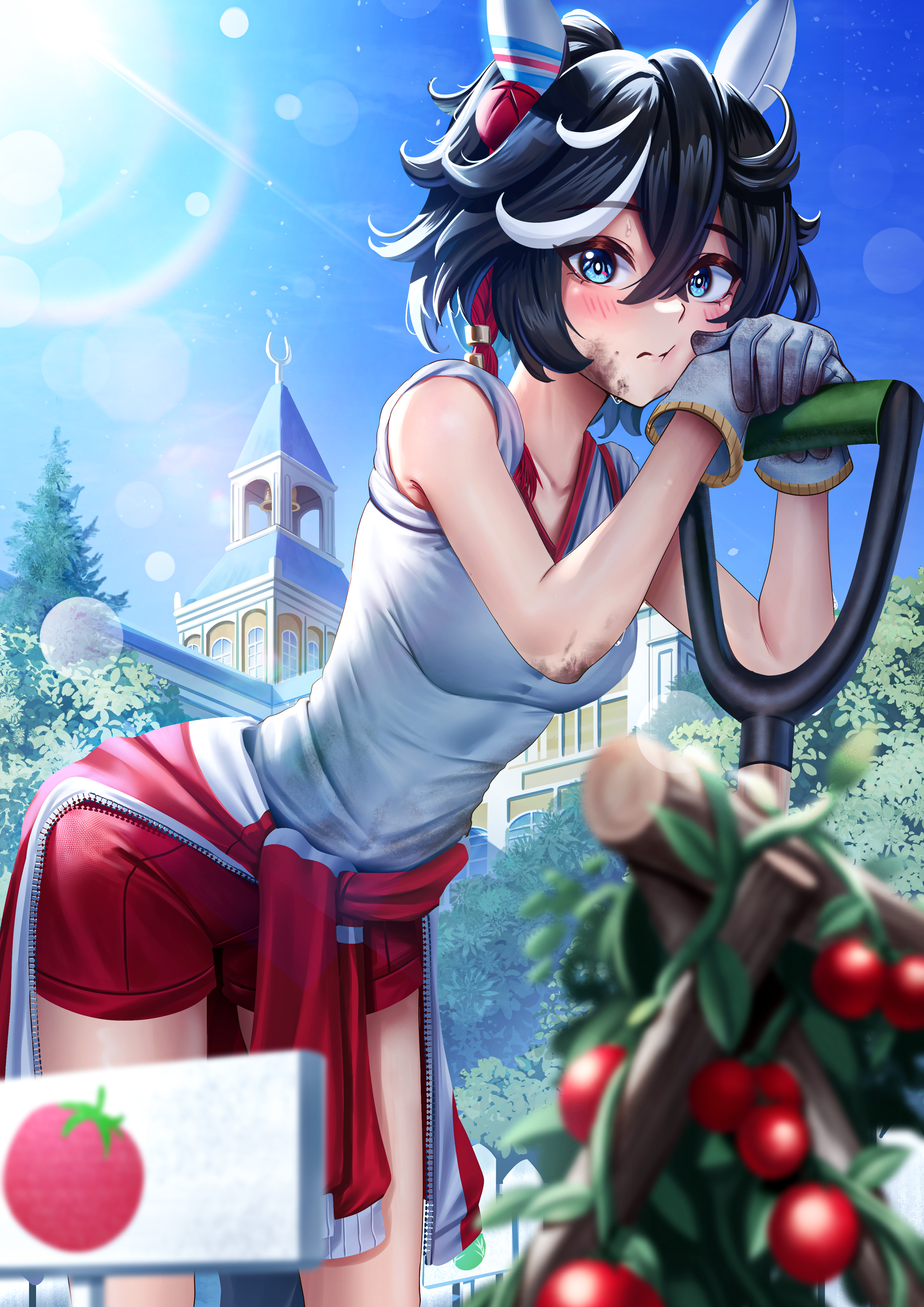 1girl absurdres animal_ears black_hair blue_eyes blush breasts closed_mouth commentary gloves highres holding holding_shovel horse_ears horse_girl katsuragi_ace_(umamusume) looking_at_viewer manjo_(warito) red_shorts shirt shorts shovel solo umamusume white_gloves white_shirt