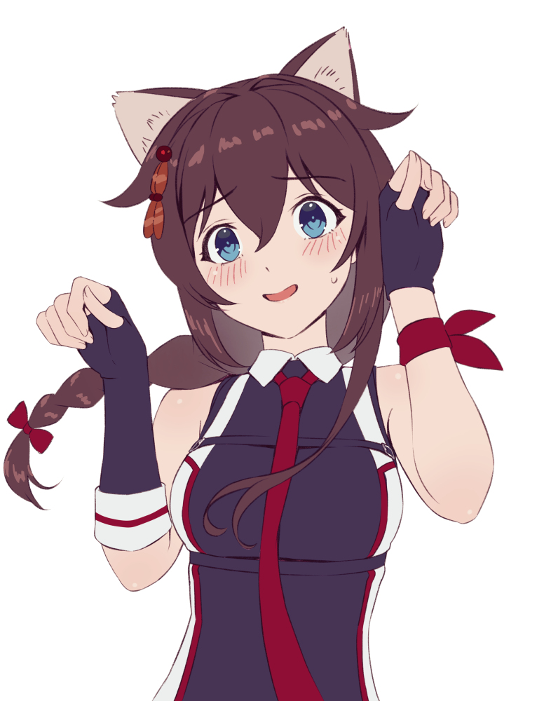 1girl ahoge animal_ears black_gloves black_hair black_shirt blue_eyes braid cat_ears fingerless_gloves gloves hair_flaps hair_over_shoulder kantai_collection long_hair looking_at_viewer necktie paw_pose porupurucha red_necktie shigure_(kancolle) shigure_kai_san_(kancolle) shirt simple_background single_braid sleeveless sleeveless_shirt solo two-tone_shirt upper_body white_background