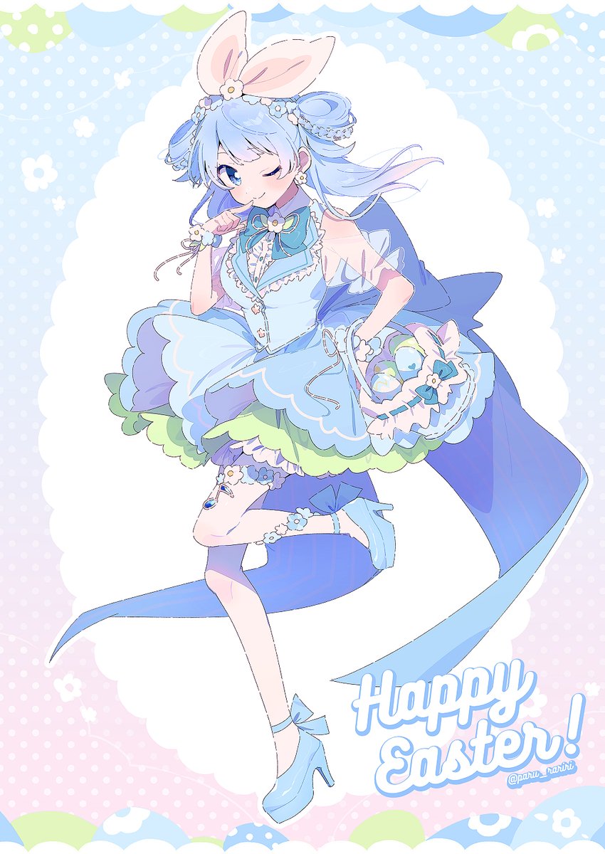 1girl alternate_costume back_bow basket blouse blue_background blue_bow blue_dress blue_eyes blue_flower blue_footwear blue_gemstone bow bracelet braid breasts bun_with_braided_base center_frills closed_mouth collared_dress colored_tips commentary_request double_bun dress earrings easter easter_egg egg english_text finger_to_mouth floating_hair flower flower_anklet flower_bracelet flower_earrings flower_hairband flower_thigh_strap footwear_bow frilled_dress frilled_sleeves frills full_body gem gradient_background hair_bow hair_bun hand_on_own_hip happy_easter high_heels highres holding holding_basket jewelry lapels large_breasts light_blush long_hair magia_record:_mahou_shoujo_madoka_magica_gaiden mahou_shoujo_madoka_magica minami_rena multicolored_hair musical_note notched_lapels one_eye_closed oval pink_background pink_bow pink_hair polka_dot polka_dot_background puffy_short_sleeves puffy_sleeves ribbon see-through_clothes see-through_sleeves see-through_thighhighs serizawa_serizane shirt short_dress short_sleeves sleeveless sleeveless_dress smile solo stiletto_heels thighhighs twin_braids twitter_username white_flower white_ribbon white_shirt white_thighhighs wrist_ribbon