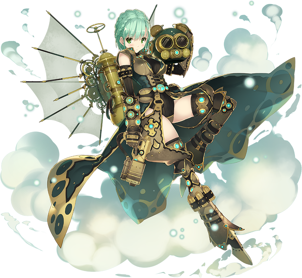 1girl artist_request bad_source blush breasts cape full_body game_cg gears green_eyes green_hair helmet holding holding_helmet holding_weapon krehl_(sennen_sensou_aigis) official_art oxygen_tank sennen_sensou_aigis short_hair solo steampunk thighs third-party_source transparent_background weapon