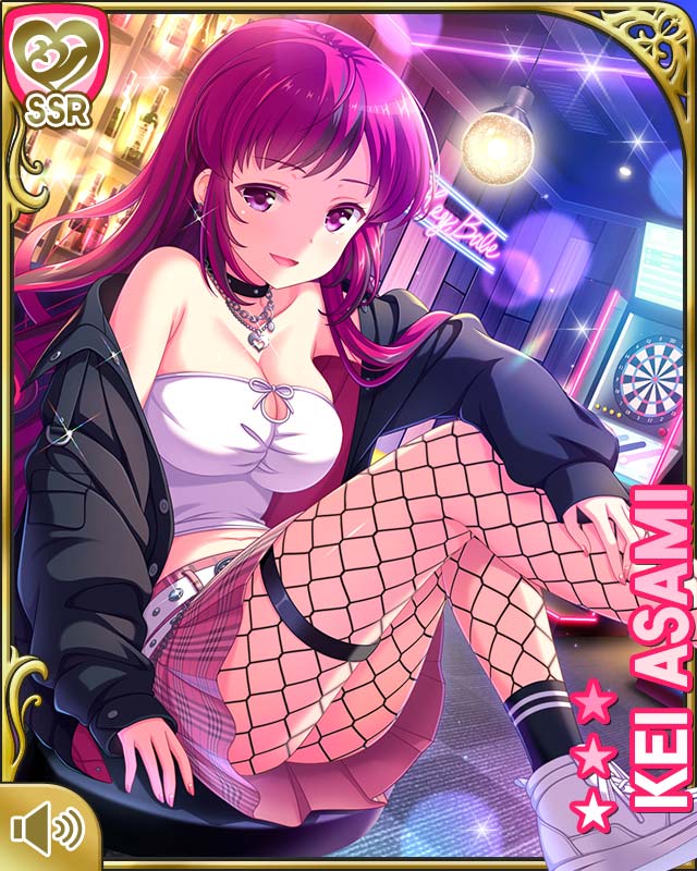 1girl :d asami_kei black_jacket breasts character_name cleavage couch dartboard day fishnet_pantyhose fishnets girlfriend_(kari) indoors jacket leather leather_jacket looking_at_viewer midriff navel neon_lights official_art open_mouth pantyhose pink_eyes pink_hair pink_skirt plaid_clothes plaid_skirt ponytail qp:flapper shirt sitting skirt smile solo strobe_lights tagme white_shirt