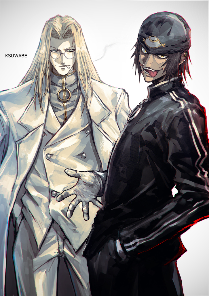 2boys :p artist_name black_headwear black_jacket black_pants blonde_hair brothers brown_hair cigarette coat dark-skinned_male dark_skin ear_piercing fangs glasses gloves green_eyes hand_in_pocket hands_in_pockets hellsing jacket jan_valentine k-suwabe lapels lip_piercing looking_at_viewer luke_valentine medium_hair mouth_hold multiple_boys notched_lapels pants piercing round_eyewear siblings smoking teeth tongue tongue_out track_jacket white_coat white_gloves white_pants yellow_eyes