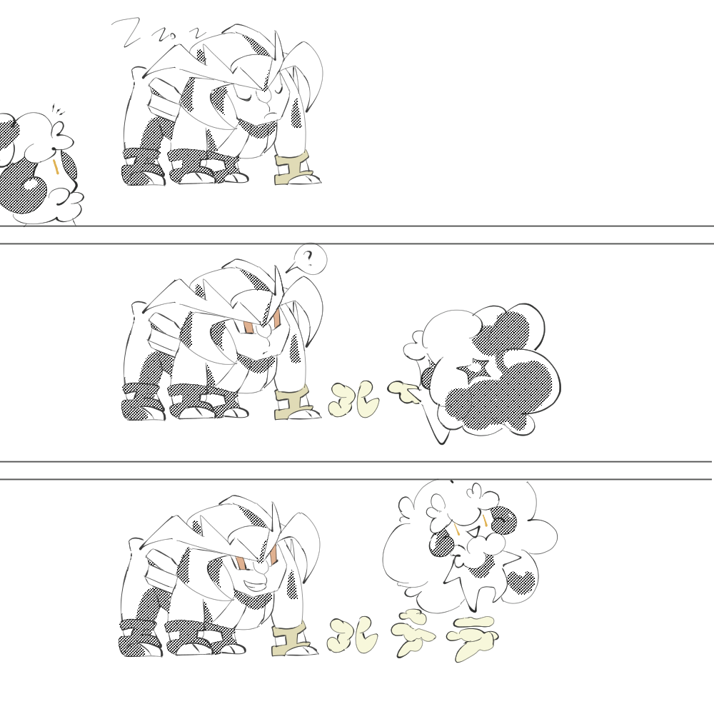 ? artist_request creature floating full_body gameplay_mechanics gen_5_pokemon horns legendary_pokemon looking_at_another monochrome nintendo no_humans pokemon pokemon_(creature) sequential sleeping smile tag_team teamwork terrakion translation_request whimsicott zzz