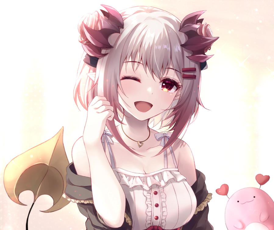 1girl ;d bare_shoulders blush breasts buttons cleavage closed_mouth colored_tips demon_tail double_bun dress frilled_dress frills gradient_hair grey_hair hair_bun heart heart_necklace indie_virtual_youtuber jacket jewelry kanikama_(suou_patra) looking_at_viewer medium_breasts multicolored_hair necklace off_shoulder official_alternate_costume official_alternate_hair_length official_alternate_hairstyle one_eye_closed open_clothes open_jacket open_mouth pink_hair pointy_ears rocomani side_up_bun smile solo suou_patra suou_patra_(5th_costume) tail upper_body virtual_youtuber white_dress