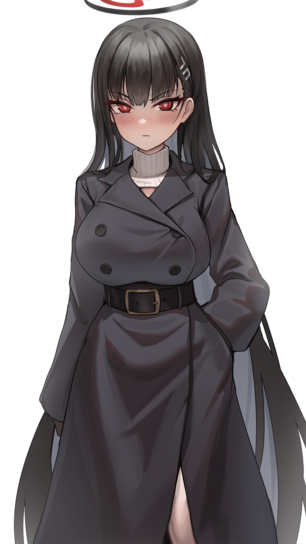 1girl alternate_costume black_coat black_hair black_halo blue_archive blush breasts closed_mouth coat commentary_request feet_out_of_frame geomissword halo hand_on_own_hip highres large_breasts long_hair long_sleeves looking_at_viewer red_eyes rio_(blue_archive) shrug_(clothing) simple_background solo standing turtleneck_shrug very_long_hair white_background