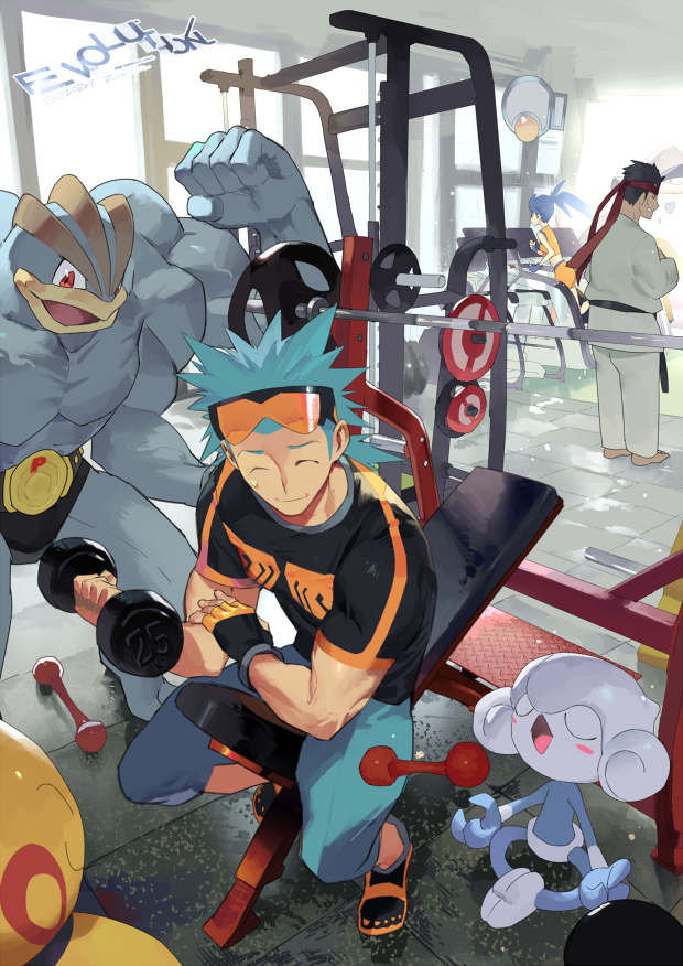 1girl 2boys artist_name battle_girl_(pokemon) black_belt_(pokemon) blue_hair brawly_(pokemon) closed_eyes closed_mouth dumbbell e_volution exercising fingerless_gloves gen_1_pokemon gen_3_pokemon gloves green_pants gym headband holding indoors machamp makuhita meditite multiple_boys nintendo pants pokemon pokemon_(creature) pokemon_oras ponytail red_headband short_sleeves sitting spiked_hair standing sweatdrop weightlifting