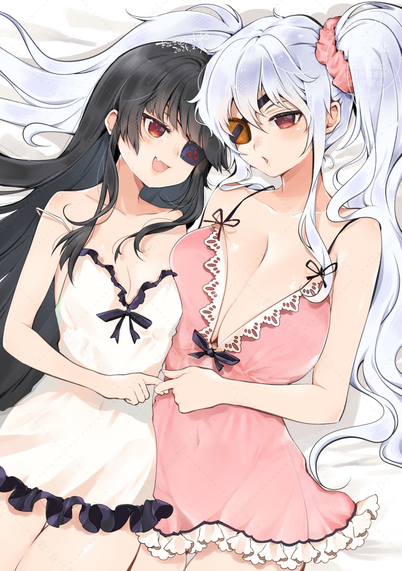 2girls :d :o babydoll black_hair breasts cleavage covered_erect_nipples covered_navel eyepatch fang flat_chest gluteal_fold interlocked_fingers kinako_(mzknk0) large_breasts long_hair mirai_(senran_kagura) multiple_girls on_bed open_mouth pink_babydoll pink_scrunchie red_eyes scrunchie senran_kagura skin_fang smile tomoe_(symbol) twintails white_babydoll white_hair yagyu_(senran_kagura) yuri