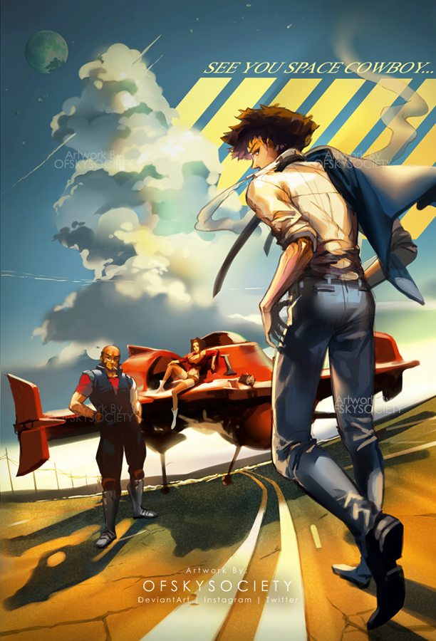 1girl 2boys alice_jing beard blue_pants cigarette cloud cowboy_bebop facial_hair faye_valentine hairband jet_black multiple_boys pants science_fiction smoking spike_spiegel swordfish_ii yellow_hairband