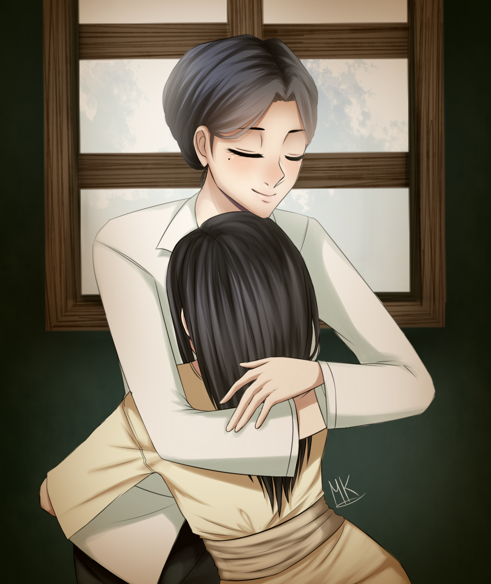 2girls artist_request black_hair corpse_party dress closed_eyes family happy hug long_hair mother_and_daughter multiple_girls shinozaki_sachiko shinozaki_yoshie short_hair smile spoilers