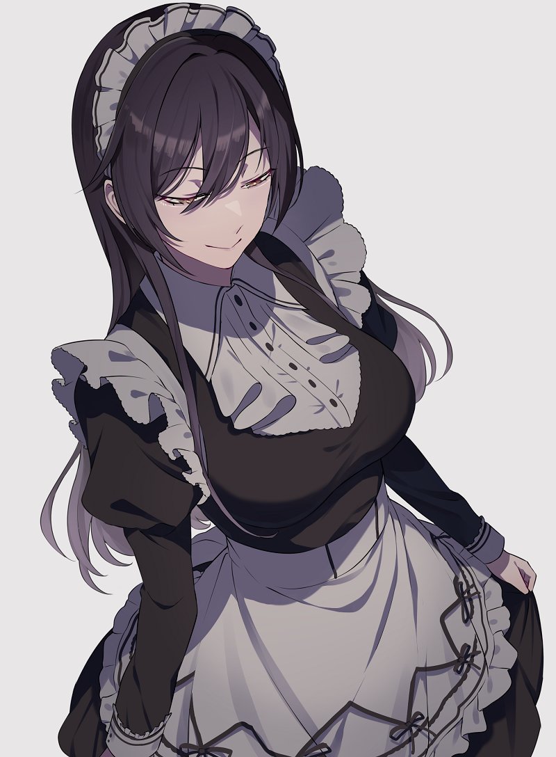 1girl apron black_dress black_hair breasts dress hair_between_eyes idolmaster idolmaster_shiny_colors large_breasts long_hair long_sleeves maid maid_apron maid_headdress randompeeps shirase_sakuya solo white_apron white_headdress yellow_eyes