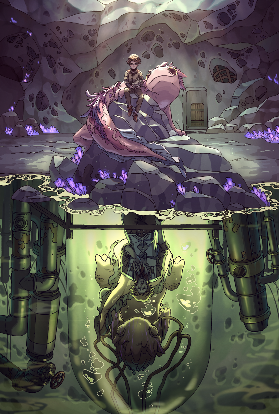 1boy aged_down arcane:_league_of_legends axolotl brown_footwear brown_hair brown_pants cable cave child cowboy_shot creature door hand_up highres holding holding_toy indoors league_of_legends long_sleeves looking_at_another male_focus mushroom pants rock shoes short_hair sitting split_theme spoilers standing toy vest viktor_(arcane) viktor_(league_of_legends) water wenny02 white_vest
