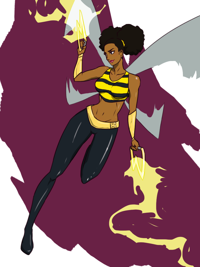 1girl belt black_hair black_pants brown_eyes brown_hair bumble_bee bumblebee_(dc) crop_top curly_hair dark-skinned_female dark_skin dc_comics double_bun earrings electricity female_focus flying full_body hair_bun insect_wings jewelry karen_beecher lipstick makeup midriff navel pants shirt sleeveless sodrawnout solo striped_clothes striped_shirt teen_titans vambraces wings