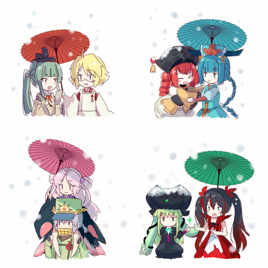 6+girls ahoge akinomiya_asuka aqua_eyes black_hair black_headwear blonde_hair blue_hair blue_headwear blunt_bangs blush_stickers book_of_star_mythology braid carrying closed_eyes detached_sleeves dress drill_hair fuma_mishandra glasses gradient_hair green_eyes green_hair green_headwear grey_eyes grey_hair hair_ribbon hat holding holding_umbrella infinite_blade_pavilion japanese_clothes kariginu kimono long_hair long_sleeves magahara_mitama multicolored_hair multiple_girls mystical_power_plant neck_ribbon no_mouth oil-paper_umbrella open_mouth piggyback pink_eyes pink_hair ponytail prehensile_hair purple_kimono rectangular_eyewear red_eyes red_hair red_kimono red_ribbon ribbon riverbed_soul_saver sanada_sengo short_hair simple_background smile suitokuin_tenmu takenouchi_no_tarumi tate_eboshi thumbs_up togura_magura touhou twintails two_side_up umbrella white_background wide_sleeves yamatoyo_no_momohime yasogami_shuu yellow_eyes