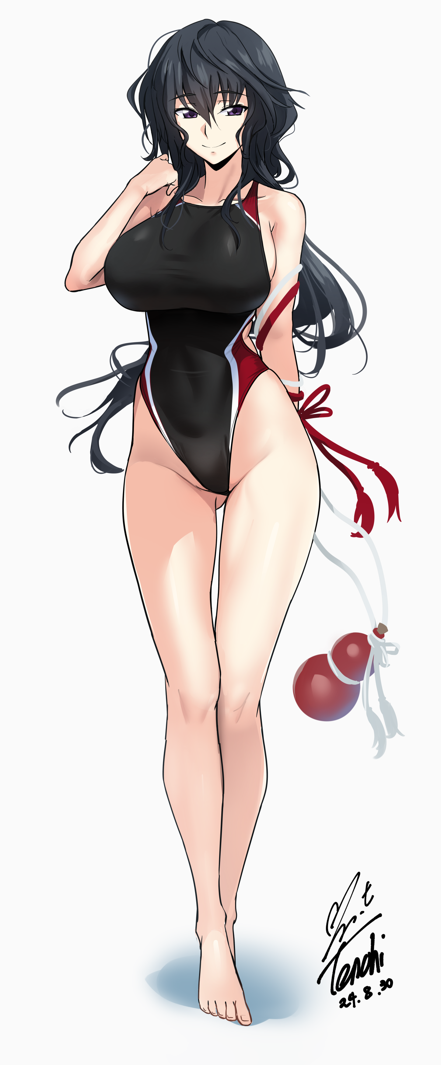 1girl 2024 absurdres arm_behind_back backboob bare_legs bare_shoulders barefoot black_hair black_one-piece_swimsuit breasts closed_mouth collarbone commentary_request competition_swimsuit curvy dated full_body gluteal_fold gourd groin hand_up highleg highleg_one-piece_swimsuit highres holding holding_gourd large_breasts legs_together long_hair looking_at_viewer low_ponytail maji_de_watashi_ni_koi_shinasai! musashibou_benkei one-piece_swimsuit ponytail purple_eyes sidelocks signature simple_background smile solo standing swimsuit thighs toes tsurime two-tone_swimsuit very_long_hair wavy_hair white_background yoo_tenchi