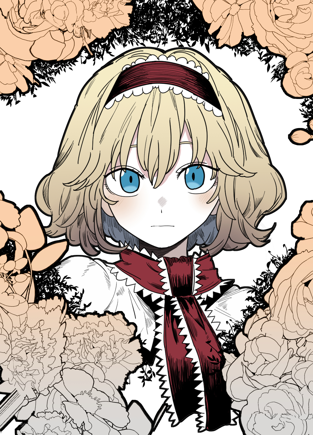 1girl alice_margatroid blonde_hair blue_eyes bollzzalguy closed_mouth commentary expressionless floral_border hairband hashtag-only_commentary highres looking_at_viewer medium_hair portrait red_hairband red_ribbon ribbon shirt solo straight-on touhou white_shirt