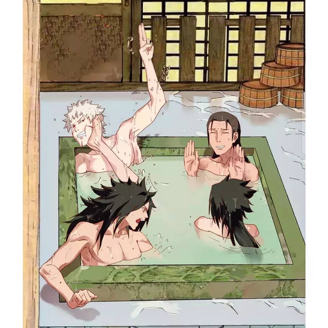 4boys black_hair brothers closed_eyes eyebrows forehead long_hair male_focus multiple_boys naruto_(series) naruto_shippuuden red_eyes senju_hashirama senju_tobirama short_hair siblings teeth uchiha_izuna uchiha_madara white_hair yaoi