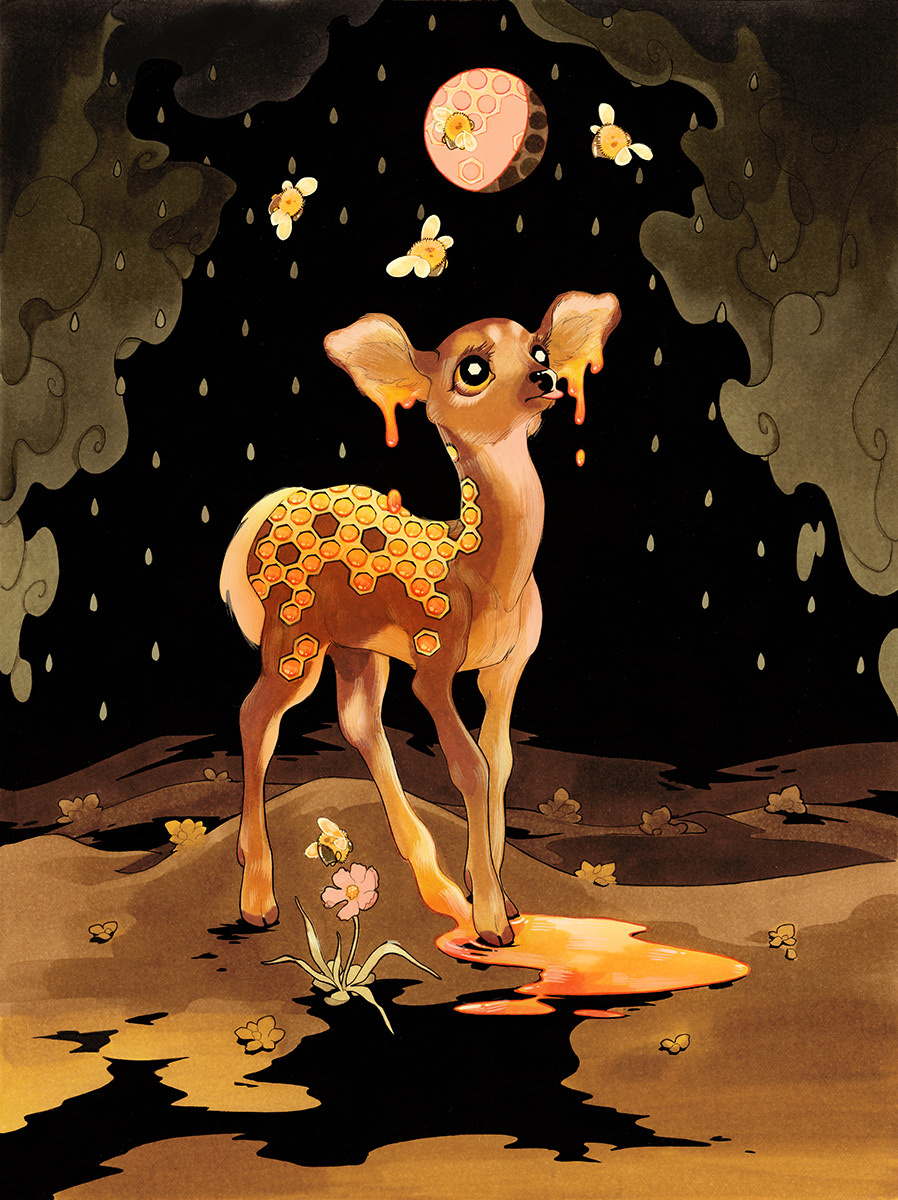 animal animal_focus bee black_background black_eyes brown_fur brown_theme bug cloud colored_sclera creature dark_clouds deer fawn fleebites flower flying gibbous_moon highres honey honeycomb_(object) honeycomb_(pattern) insect liquid melting moon night on_ground original pink_flower puddle rain tongue tongue_out yellow_sclera