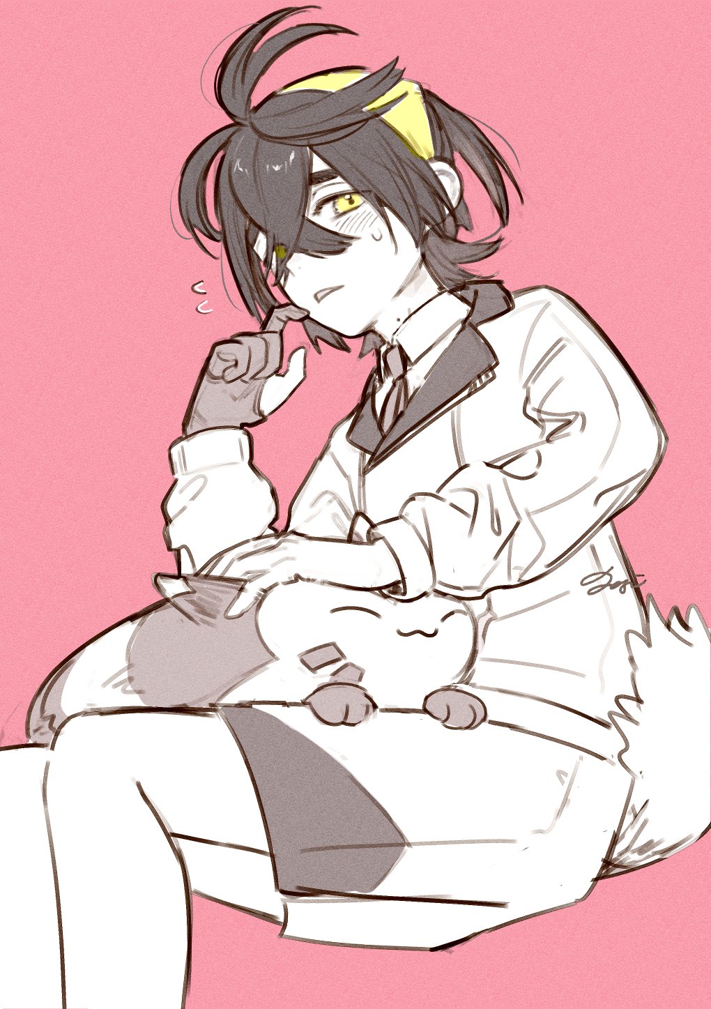 1boy :3 closed_eyes crossed_bangs flying_sweatdrops furret gen_2_pokemon gloves greyscale greyscale_with_colored_background hair_between_eyes hairband highres iogi_(edrin_alfari) jacket kieran_(pokemon) long_sleeves looking_at_viewer male_focus mole mole_on_neck monochrome nintendo on_lap parted_lips partially_fingerless_gloves pink_background pokemon pokemon_(creature) pokemon_on_lap pokemon_sv shorts simple_background single_glove sitting spot_color sweat yellow_eyes yellow_hairband
