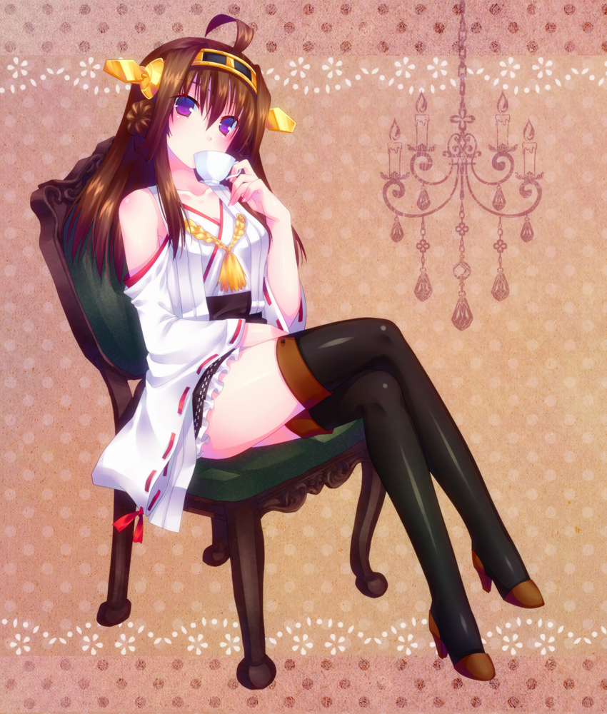 10s 1girl ahoge bad_id bad_pixiv_id brown_hair chair crossed_legs cup detached_sleeves door_to_heaven drinking female_focus hairband japanese_clothes kantai_collection kongou_(kancolle) long_hair looking_at_viewer nontraditional_miko purple_eyes sitting solo teacup thighhighs wide_sleeves