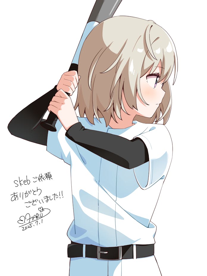 1girl baseball_bat blonde_hair blush brown_eyes closed_mouth commentary_request commission dated from_side haru_(konomi_150) high_school_fleet holding holding_baseball_bat layered_sleeves long_sleeves looking_to_the_side shirt short_hair short_over_long_sleeves short_sleeves signature simple_background skeb_commission solo tateishi_shima upper_body white_background white_shirt