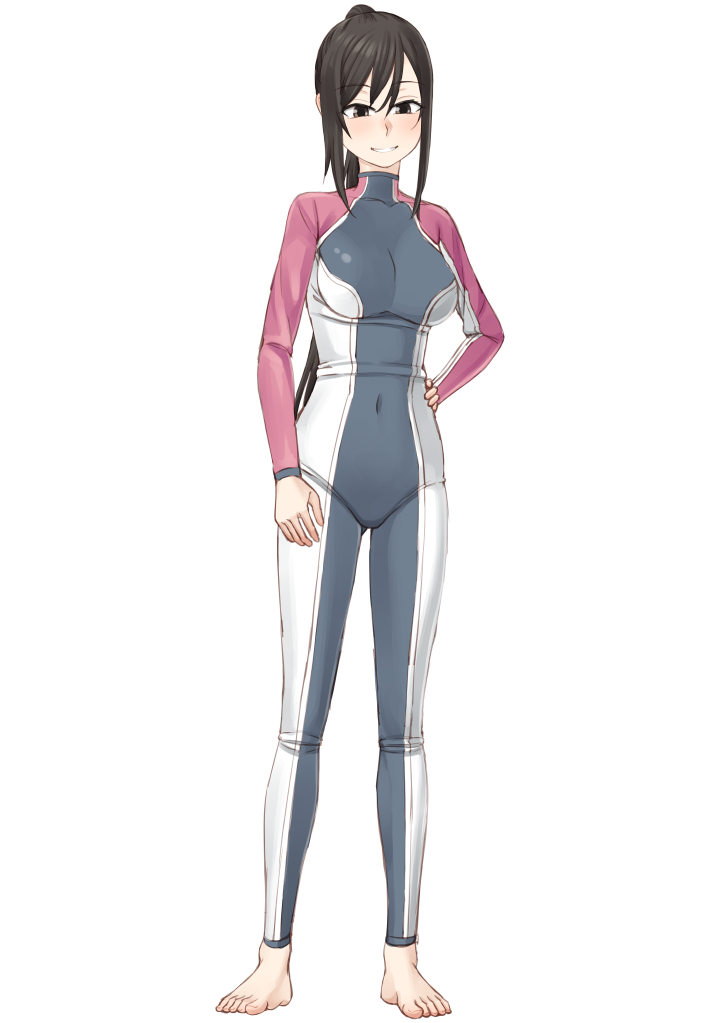 1girl amanchu! barefoot black_eyes black_hair bodysuit commentary_request covered_navel diving_suit easy_(aqk7bdqt) female_focus full_body grin hand_on_own_hip katori_mato long_hair ponytail simple_background smile solo wetsuit white_background