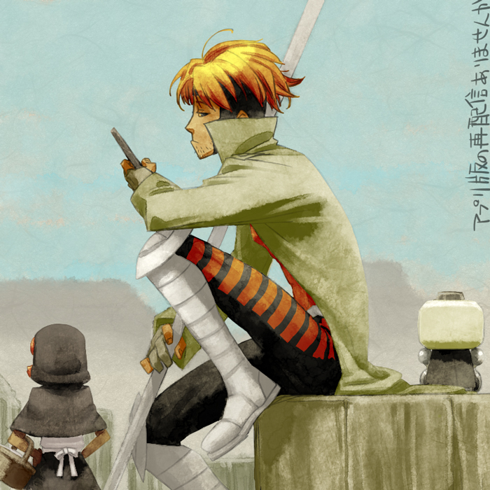 1boy 1girl b.b._hood basket beard blonde_hair capcom coat darkstalkers facial_hair frown gambit gloves hood hood_up marvel marvel_vs._capcom marvel_vs._capcom_2 red_eyes red_hair sitting staff_(weapon) standing x-men