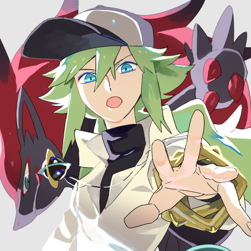 1boy arm_up baseball_cap blue_eyes bracelet collar e_volution game_freak gen_5_pokemon green_hair hat jewelry lowres n_(pokemon) nintendo pokemon pokemon_(creature) pokemon_bw shirt white_shirt zoroark