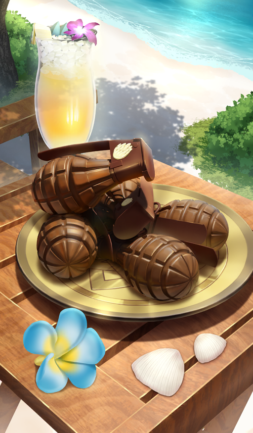 beach beppu_mitsunaka blue_flower chocolate clam_shell commentary cup day drinking_glass explosive fate/grand_order fate_(series) flower food food_art food_focus garnish grenade hurricane_glass ice ice_cube no_humans official_art pink_flower plate plumeria sand still_life sunlight sweets third-party_source tropical_drink water