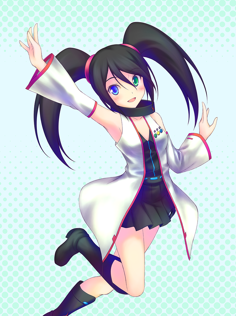 1girl :d arm_up black_boots black_hair black_skirt blue_eyes blush boots collared_shirt detached_sleeves green_background green_eyes gt_(acidhead_gt) hand_up heterochromia jacket leg_up looking_at_viewer open_mouth pleated_skirt sega_hard_girls sega_saturn_(sega_hard_girls) shirt skirt sleeveless smile solo twintails white_jacket