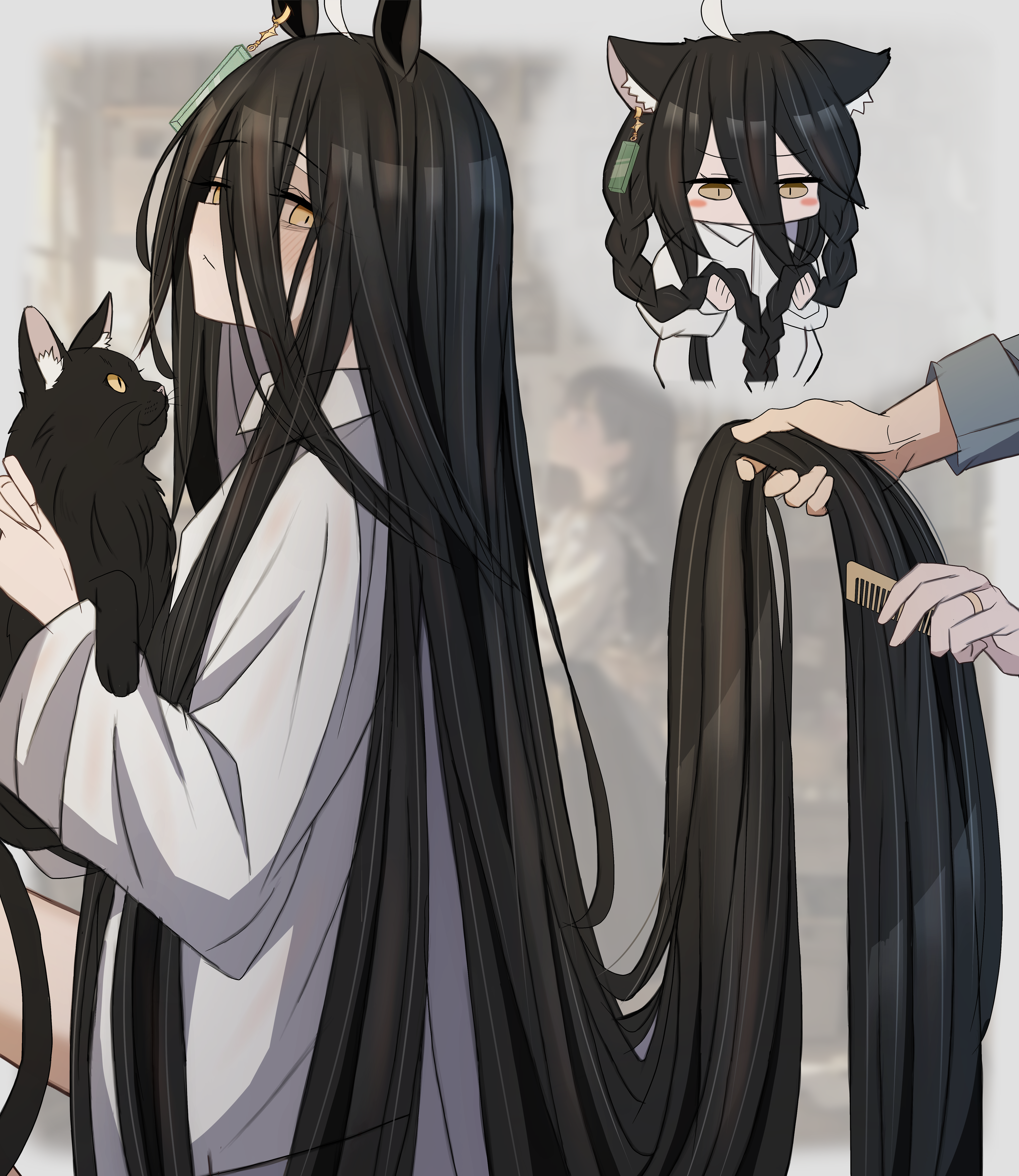 1girl absurdres ahoge alternate_hairstyle animal animal_ears black_hair blush_stickers braid cat closed_mouth comb commentary_request hair_between_eyes highres holding holding_animal holding_another's_hair holding_comb horse_ears horse_girl leogust long_hair long_sleeves looking_at_viewer looking_down manhattan_cafe_(umamusume) multicolored_hair shirt streaked_hair twin_braids umamusume very_long_hair white_hair white_shirt yellow_eyes