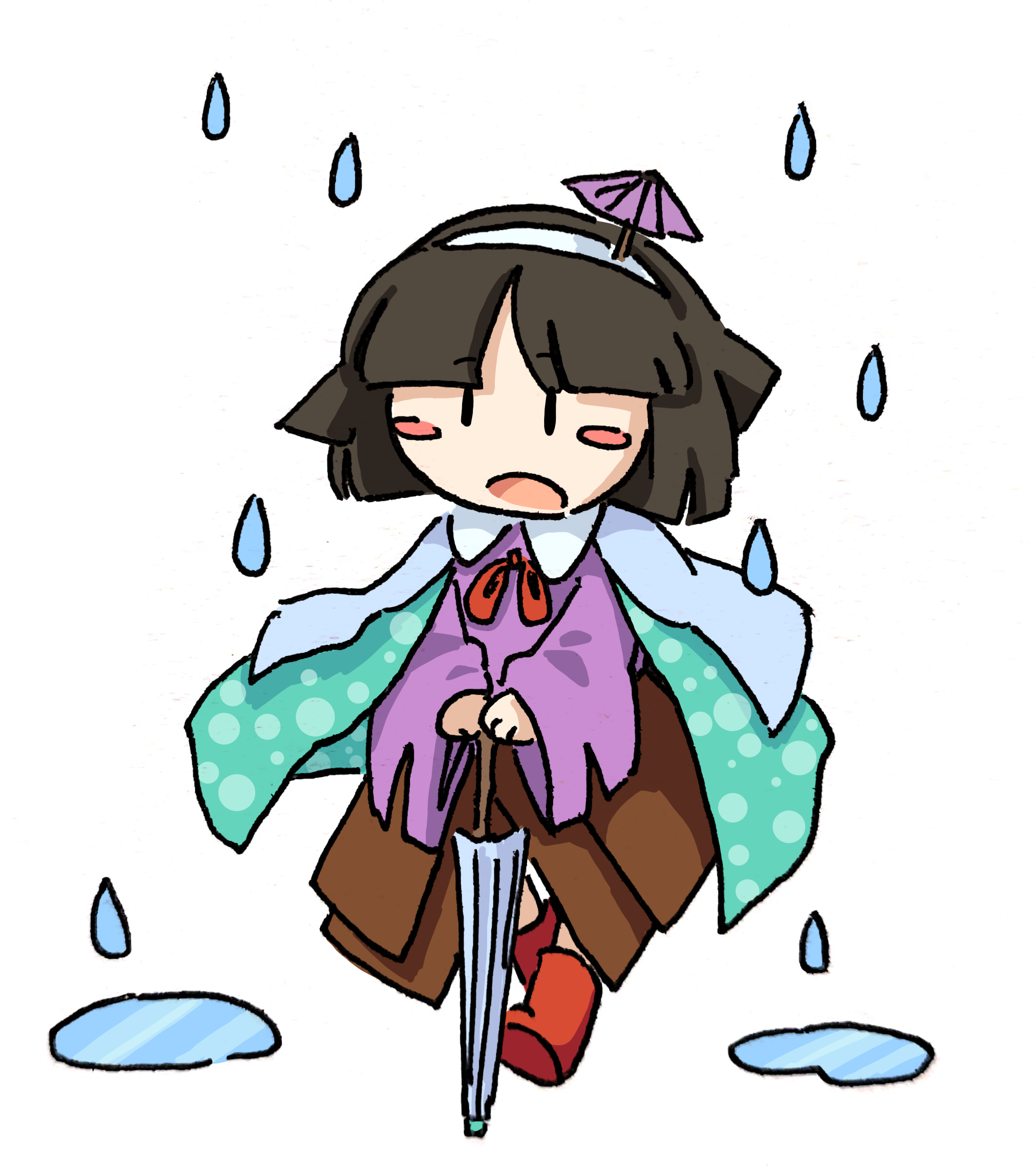 1other absurdres amanomiya_jun androgynous aqua_cape baila_kuangzi black_hair blue_umbrella blush_stickers boots bow bowtie brown_skirt cape chibi chinese_commentary closed_umbrella collared_shirt commentary_request hairband highres holding holding_umbrella len'en long_sleeves no_nose open_mouth other_focus pink_shirt puddle rain red_boots red_bow red_bowtie shirt short_hair skirt solo umbrella umbrella_hair_ornament white_hairband wide_sleeves