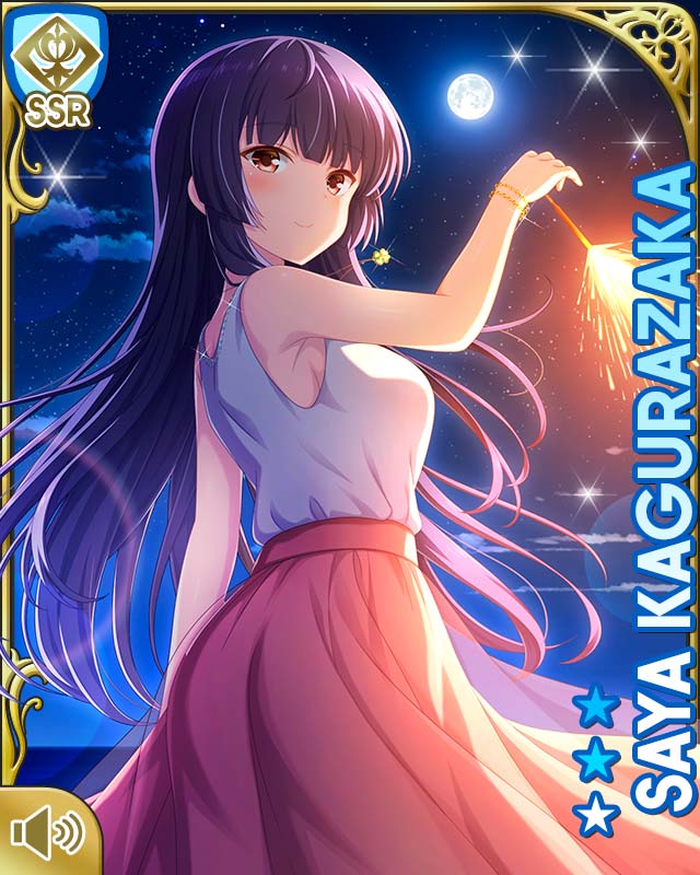 1girl beach blue_hair brown_eyes card_(medium) character_name closed_mouth dress full_moon girlfriend_(kari) jewelry kagurazaka_saya long_hair moon necklace night night_sky ocean official_art outdoors pink_dress qp:flapper shirt sky smile standing tagme white_shirt
