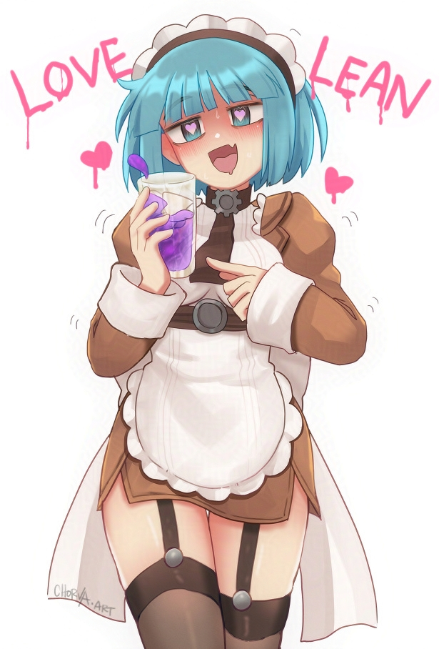 1girl :d @_@ alty_(ragnarok_online) apron black_thighhighs blue_eyes blue_hair blunt_bangs blush breasts brown_dress brown_necktie chorvaqueen commentary cowboy_shot dress drugged drugs english_commentary fang frilled_apron frills garter_straps heart heart-shaped_pupils juliet_sleeves kafra_uniform lean_(drink) long_sleeves looking_at_viewer maid maid_headdress medium_breasts necktie open_mouth puffy_sleeves ragnarok_online shiny_skin short_dress simple_background skin_fang skindentation smile solo symbol-shaped_pupils thighhighs white_apron white_background