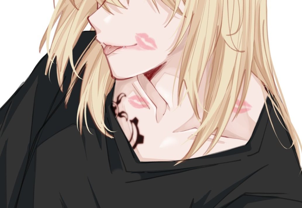 1girl amakuma bang_dream! bang_dream!_it&#039;s_mygo!!!!! black_shirt blonde_hair chest_tattoo collarbone fang implied_yuri lipstick_mark lipstick_mark_on_face long_hair misumi_uika shirt simple_background solo tattoo tongue tongue_out white_background