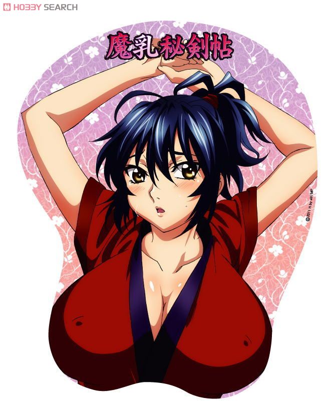 1girl blue_eyes blush breast_focus breasts cleavage covered_erect_nipples hair_tie japanese_clothes large_breasts looking_at_viewer manyuu_chifusa manyuu_hikenchou mousepad_(medium) no_bra oppai_mousepad short_hair short_sleeves tagme yellow_eyes