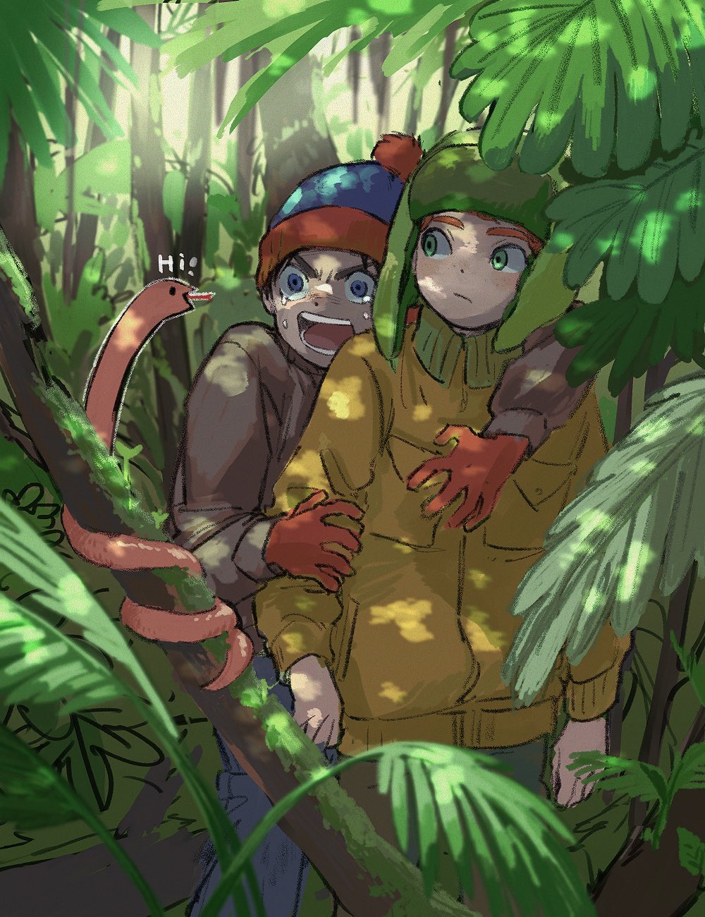 2boys beanie blue_eyes blue_hat brown_jacket clinging closed_mouth commentary crying crying_with_eyes_open dappled_sunlight day forest gloves green_eyes green_hat hat highres jacket kyle_broflovski male_focus moss multiple_boys nature open_mouth orange_jacket outdoors pom_pom_(clothes) pom_pom_beanie red_gloves scared snake south_park stan_marsh sunlight symbol-only_commentary tears teeth tree ume-bayashi v-shaped_eyebrows