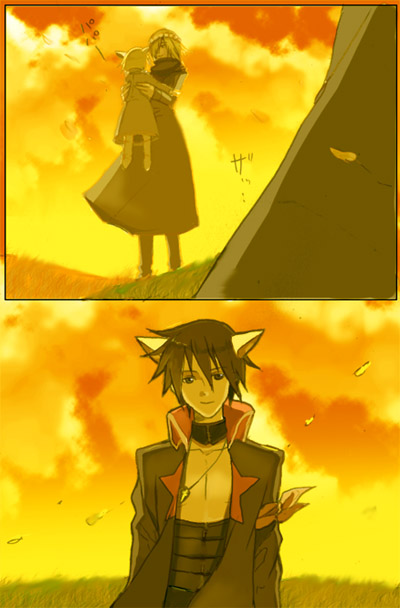 1girl 2boys animal_ears child head_wreath memusu multiple_boys parody simon_(ttgl) smile tengen_toppa_gurren_lagann viral_(ttgl)
