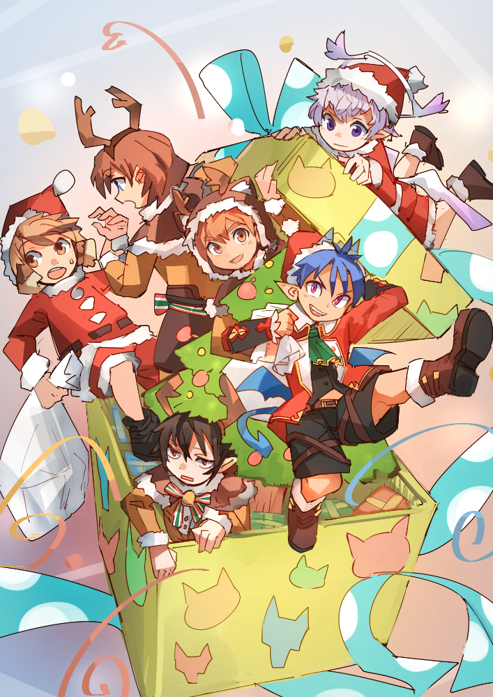 6+boys angel angel_wings animal_costume animal_ears antlers black_hair blue_eyes blush box brown_eyes brown_hair christmas christmas_tree demon_boy dog_boy dog_ears forked_eyebrows full_body geetgeet gift gift_box halo hat horns in_box in_container killian_phegor low_wings luke_venus male_focus michael_lancelot mini_wings multiple_boys open_mouth pointy_ears pop-up_story purple_eyes reindeer_antlers reindeer_costume santa_costume santa_hat selim_spark shinigami silver_hair smile tail wings yellow_eyes yuuri_lessen ziz_glover