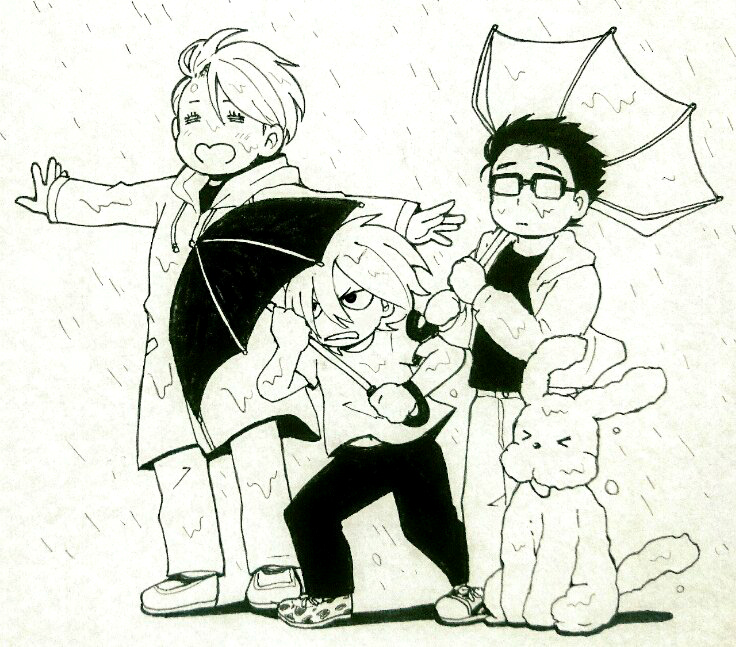 &gt;_&lt; 3boys =_= bad_id bad_pixiv_id dog glasses heart-shaped_mouth inverted_umbrella katsuki_yuuri makkachin male_focus monochrome multiple_boys open_mouth rain raincoat smile takeshi_(mononohu20) umbrella viktor_nikiforov wind yuri!!!_on_ice yuri_plisetsky