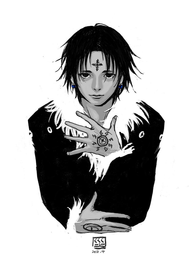 1boy aidonotknow black_hair black_jacket chrollo_lucilfer coat earrings fur-trimmed_coat fur-trimmed_sleeves fur_collar fur_trim hunter_x_hunter jacket jewelry long_hair monochrome tattoo tattoo_on_hand watermark