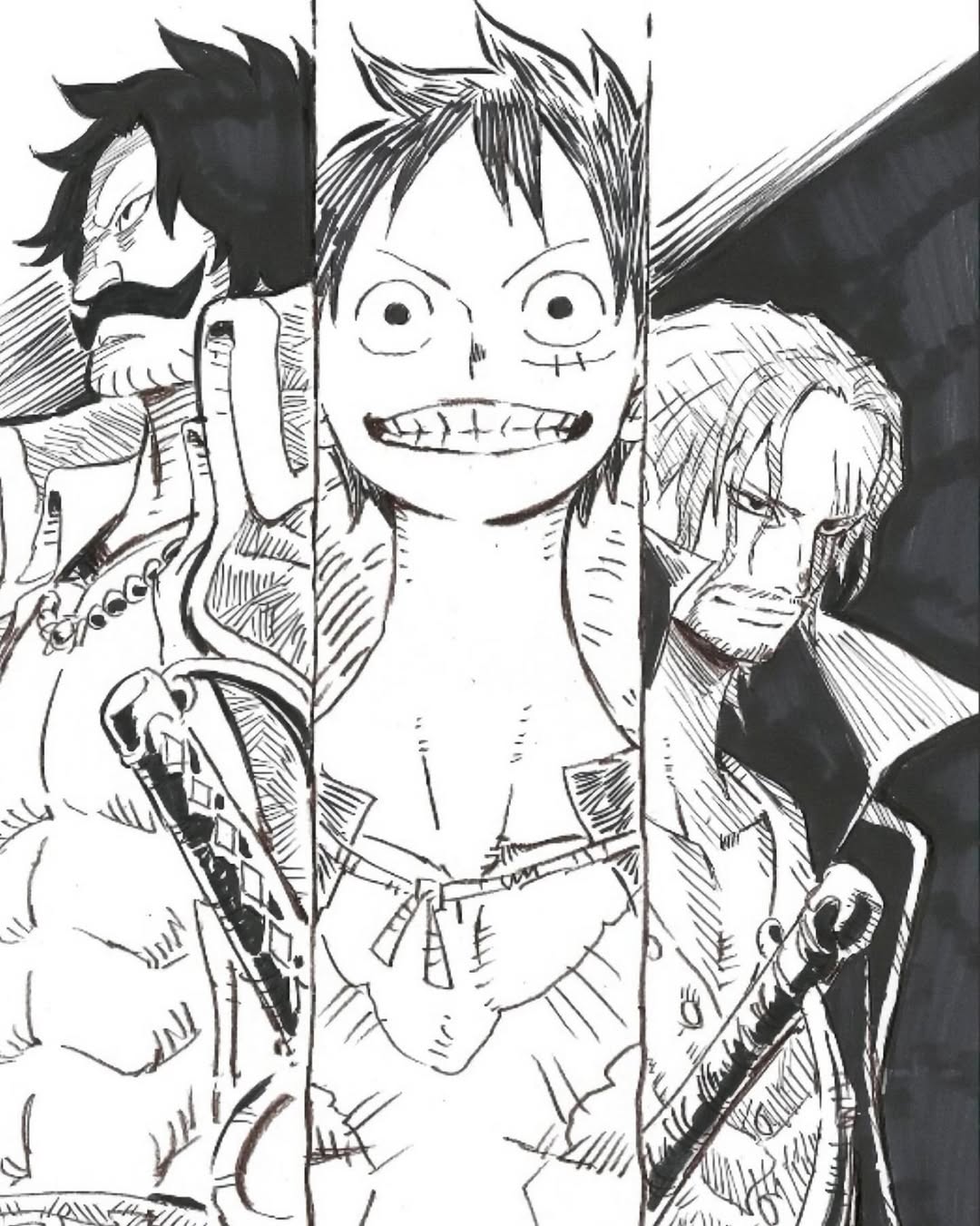 3boys abs beard_stubble collared_cape collared_coat facial_hair gol_d._roger greyscale hat highres looking_at_viewer male_focus monkey_d._luffy monochrome multiple_boys mustache official_art one_piece scar scar_across_eye scar_on_chest scar_on_face shanks_(one_piece) short_hair smile straw_hat stubble sword third-party_source umakoshi_yoshihiko upper_body weapon