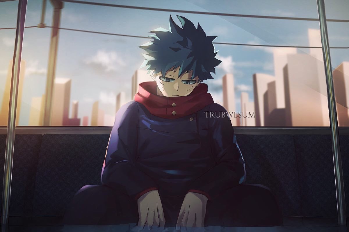 1boy artist_name black_hair black_jacket black_pants blue_eyes blurry blurry_background boku_no_hero_academia building closed_mouth commentary cosplay day derivative_work english_commentary green_hair itadori_yuuji itadori_yuuji_(cosplay) jacket jujutsu_kaisen long_sleeves male_focus midoriya_izuku outdoors pants red_scarf scarf screenshot_redraw short_hair sitting skyscraper solo spiked_hair train_interior trubwlsum upper_body