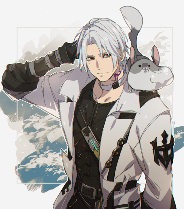 1boy animal animal_on_shoulder archon_mark arm_behind_head belt black_gloves brown_eyes chest_belt choker coat cowboy_shot final_fantasy final_fantasy_xiv gloves hyur looking_at_viewer male_focus neck_tattoo nutkin short_hair solo squirrel tattoo thancred_waters white_background white_choker white_coat white_hair yomo_(ym)