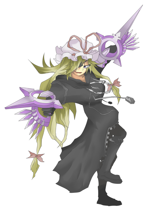1girl black_coat_(kingdom_hearts) blonde_hair boots cloak cosplay dress eyepatch female_focus full_body gloves gun hat kingdom_hearts purple_eyes solo touhou transparent_background weapon xigbar xigbar_(cosplay) yadokari yadokari_(yadokani) yakumo_yukari