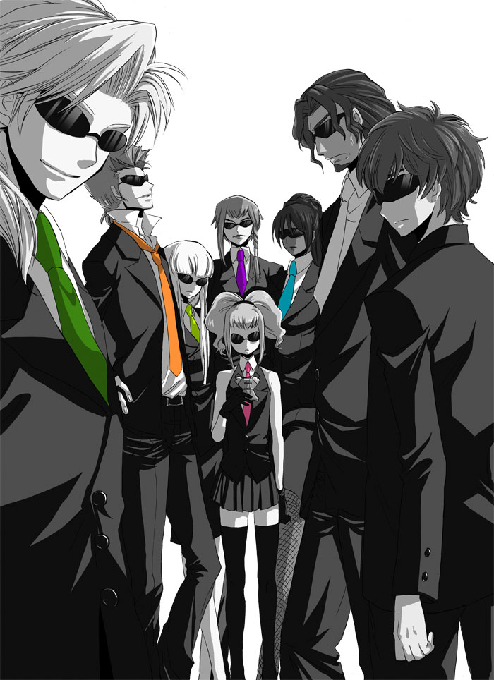 4boys 4girls anya_alstreim bismarck_waldstein code_geass code_geass:_lost_colors dorothea_ernst fishnet_pantyhose fishnets gino_weinberg knights_of_the_round kururugi_suzaku luciano_bradley manly monica_kruszewski monochrome multiple_boys multiple_girls necktie nonette_enneagram pantyhose spot_color sunglasses thighhighs yupopo_(hidame)