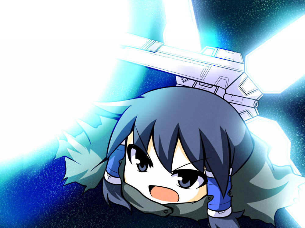 1girl after_war_gundam_x alternate_color aqua_eyes black_hair cape gun gundam gundam_x hair_tubes hakurei_reimu mecha_musume mochizuki_ado player_2 satellite_cannon touhou weapon yukkuri_shiteitte_ne