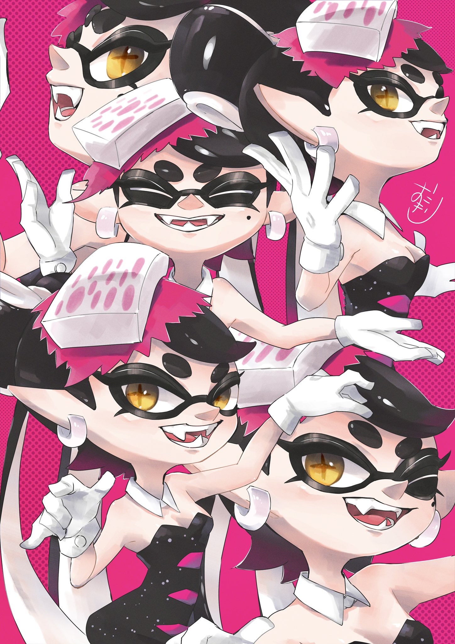 +_+ 1girl bare_arms bare_shoulders black_hair black_jumpsuit breasts callie_(splatoon) callie_(squid_sisters_outfit)_(splatoon) cleavage closed_eyes earrings gloves highres hoop_earrings inkling jewelry jumpsuit nintendo okome_2g2g one_eye_closed pointy_ears short_jumpsuit small_breasts splatoon_(series) strapless_jumpsuit swept_bangs tentacle_hair twintails white_gloves yellow_eyes